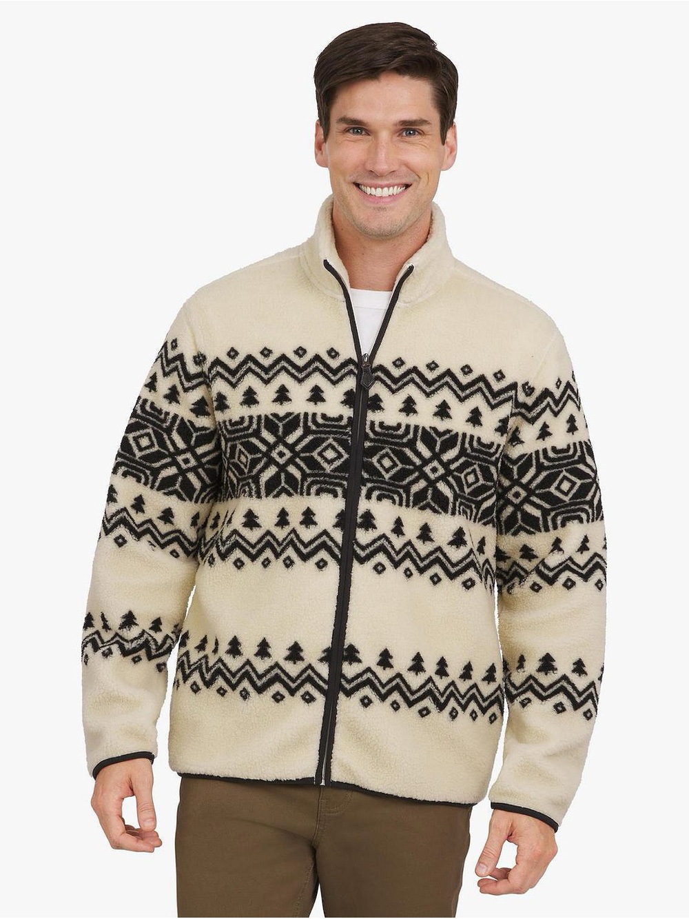 Chaps Mens Full-Zip Printed Sherpa Jacket NWT Size Large Cozy Holiday Festive